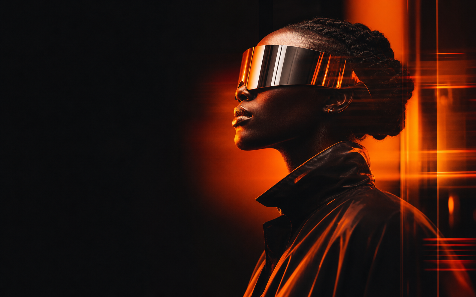 Editorial portrait with orange light and reflective visor